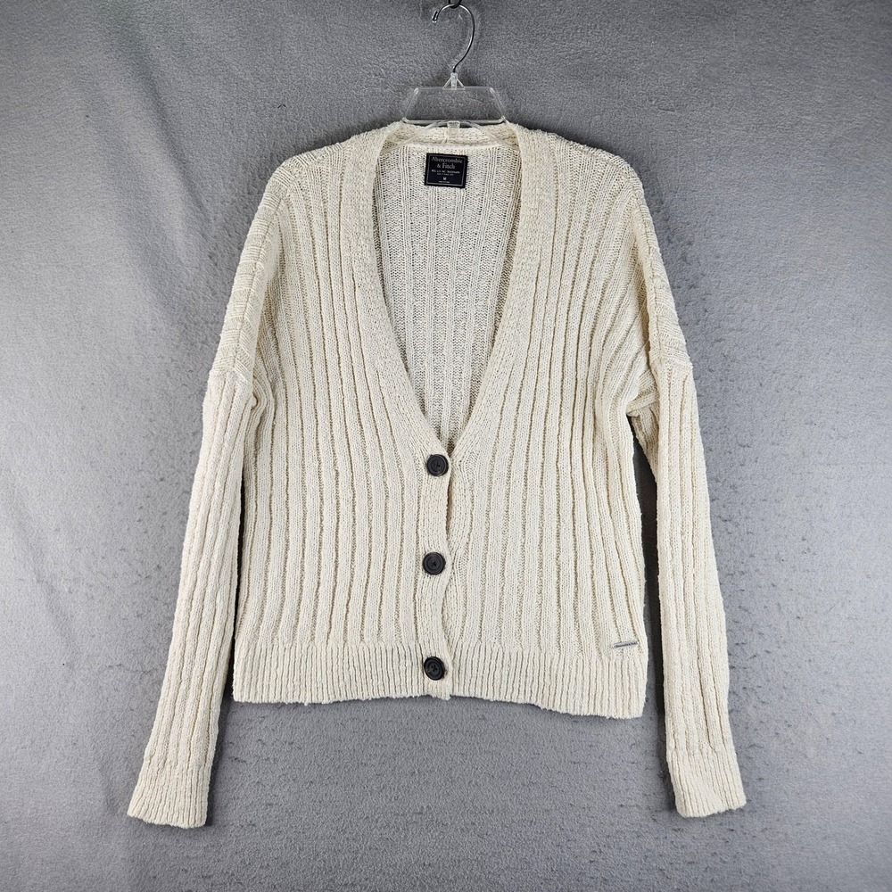 Abercrombie & Fitch Sweater Cardigan Womens Medium White Chunky Knit V Neck